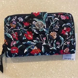 NWT Vera Bradley RFID Turn Lock wallet. Approx 5”x7”. Black with red flowers