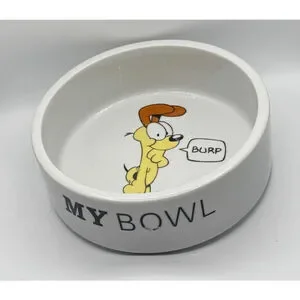 Odie "My Bowl" Dog Food Dish White Ceramic 7.75" Round Burp Garfield Comic