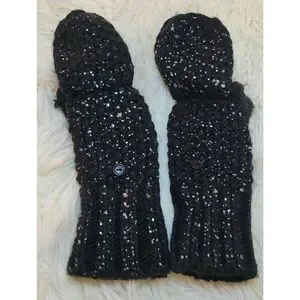 Old Navy Black Glitter Button Back Open Finger Mittens Acrylic Knit Child S-M Yo