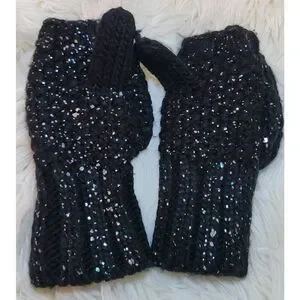 Old Navy Black Glitter Button Back Open Finger Mittens Acrylic Knit Child S-M Yo