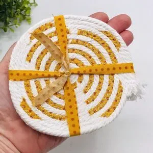 One Set Of 4 Rope Coffee Coasters Cotton Fall Orange Dots Sunroom Cottage 4.25"