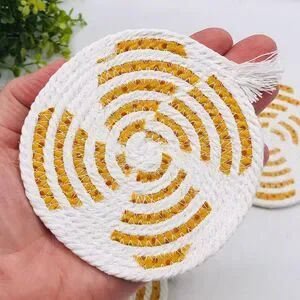 One Set Of 4 Rope Coffee Coasters Cotton Fall Orange Dots Sunroom Cottage 4.25"