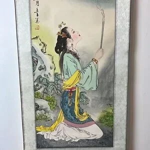 Oriental Silk Scroll "Woman Worshiping The Moon"