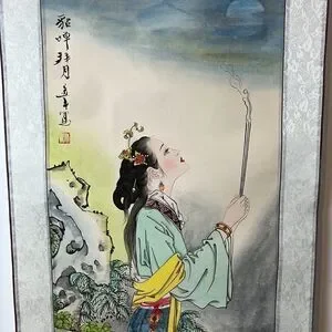 Oriental Silk Scroll "Woman Worshiping The Moon"