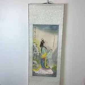 Oriental Silk Scroll "Woman Worshiping The Moon"