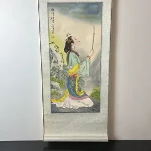 Oriental Silk Scroll "Woman Worshiping The Moon"