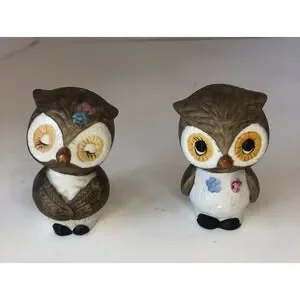 OWLS Salt & Pepper Shaker S&P Cute Brown Couple Kitsch Ceramic VINTAGE