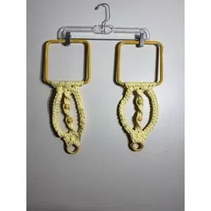 Pair Of Vintage Macrame Towel Holder Yellow Bohemian Mid Century MCM Wall Hang