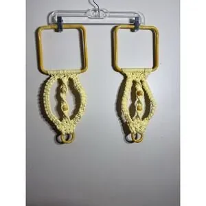 Pair Of Vintage Macrame Towel Holder Yellow Bohemian Mid Century MCM Wall Hang