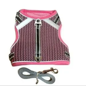 Pangdi Cat feline Pink Gray adjustable Pet Harness and attachable Leash Sz Large