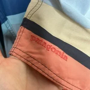 Patagonia Wavefarer Orange Blue Striped Board Shorts Men Size 38 BLEMISH
