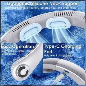 Personal Neck Fan Lightweight Cooling Rechargeable 5-Speed Quiet Gray