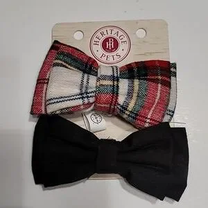 Pet Bow Ties - Red Cream Black Plaid Bow Tie and Black Bow Tie - set 2