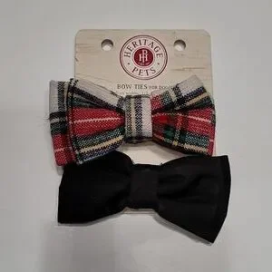 Pet Bow Ties - Red Cream Black Plaid Bow Tie and Black Bow Tie - set #1