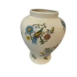 Pheasant and Floral 8 in. Cream Color Ceramic Vase Blues Yellow Brown