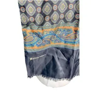 Pierre Balmain Shawl Scarf Black Paisley Floral Print Fringed Elegant