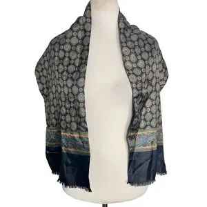 Pierre Balmain Shawl Scarf Black Paisley Floral Print Fringed Elegant