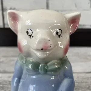 Piggy Bank RARE Vintage BREAK TO OPEN Pig 1940 Blue Overalls MCM