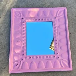 Pink metal tin mirror home decor wall hanging boho indie