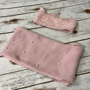 Pink Pearls Crown Knit Headband Earwarmer Scarf Set