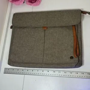 PKG Tablet Case Laptop Bag New W/o Tags Gray With Tobacco Faux Leather Trim
