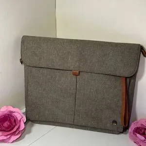 PKG Tablet Case Laptop Bag New w/o Tags Gray with Tobacco Faux Leather Trim