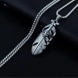 Platinum Plated Titanium Feather With Skull Embellishment Punk Bohemian Necklace