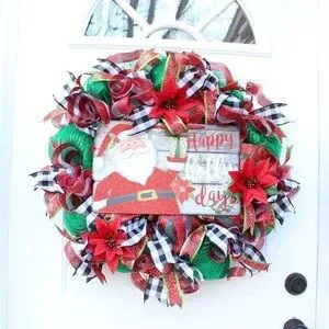 Poinsettia Buffalo Plaid Santa Christmas Wreath for Front Door