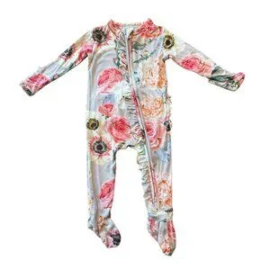 POSH PEANUT Floral Ruffled Footie Pajamas Girls 0-3 Infant Ruffle Bamboo Zippie