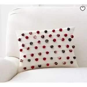 POTTERY BARN Plaid Pom Pom Lumbar Pillow With Feather Insert 12x16 Christmas EUC