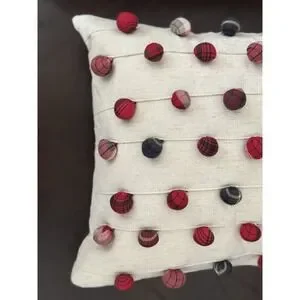 POTTERY BARN Plaid Pom Pom Lumbar Pillow With Feather Insert 12x16 Christmas EUC