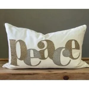 Pottery Barn Winter Peace Lumbar Pillow Cover 16x26 Ivory Gold Silver Neutral