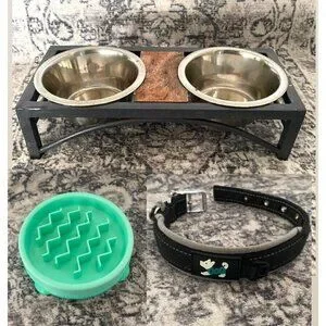Puppy Bowls and stand Slow Feeder and Collar Bundle