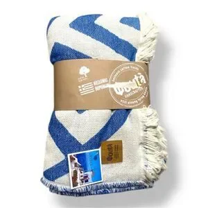 Qoutà Organic Hellenic Cotton Athens Greek Blue and White Blanket with Fringe