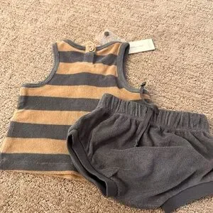 Quincey Mae Organic Cotton Terry Cloth Striped Tank Top + Bloomer Grey Blue