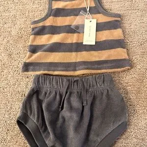 Quincey Mae Organic Cotton Terry Cloth Striped Tank Top + Bloomer Grey Blue