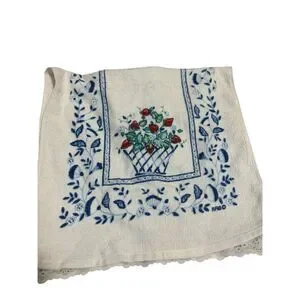 R.A. Briggs Strawberry Basket Blue Floral Lace Trim Hand Towel