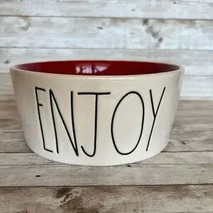 Rae Dunn by Magenta Off-White Red Interior Enjoy Ceramic Pet Dish Bowl One Size