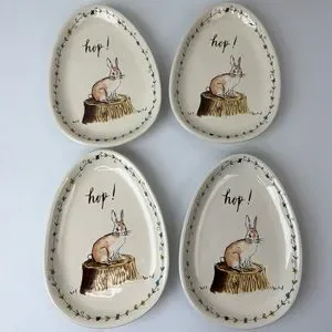 Rae Dunn Easter Rabbit Hop Egg Shaped Plates Set of 4