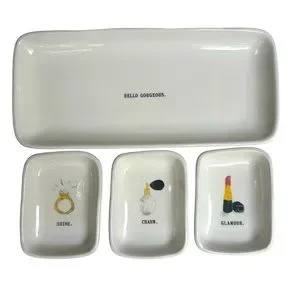 Rae Dunn HELLO GORGEOUS Tray SHINE CHARM GLAMOUR Dishes Makeup Organizer Holder