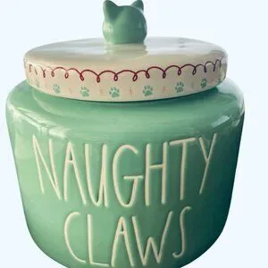 Rae Dunn NAUGHTY CLAWS Cat Treat Jar Canister W/Paw Prints And Cat Handle - NWOT