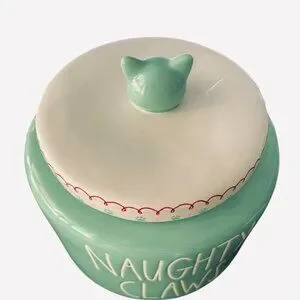 Rae Dunn NAUGHTY CLAWS Cat Treat Jar Canister W/Paw Prints And Cat Handle - NWOT