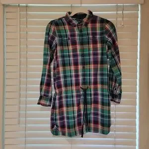 Ralph Lauren Plaid Check Cotton Shirtdress Green Pink Purple Girl 12 Tie Waist