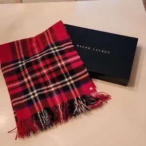 Ralph Lauren wool blend red Tartan Scarf new with tags