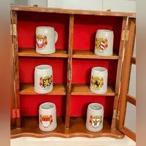 Rare Collectible 6 German Mini Beer Mugs/Steins In A Wooden Display Case