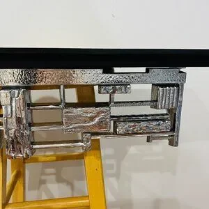 Rare Syroco Brutalist Mid Century MCM Metal /Chrome / Silver And Wood Wall Shelf