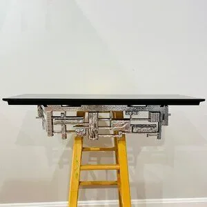 Rare Syroco Brutalist Mid Century MCM Metal /Chrome / Silver And Wood Wall Shelf