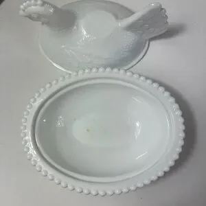 RARE Vintage White Milk Indiana Glass Hen On Nest Beaded Edge Covered Dish