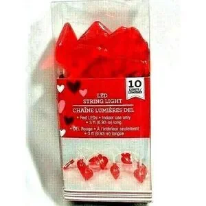Red Heart-Shaped String Lights 10 LED 3-foot Battery Operated Valentine's Day