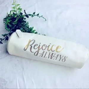 Rejoice Always faux leather zipper pencil case w/ gold writing. Journal planner